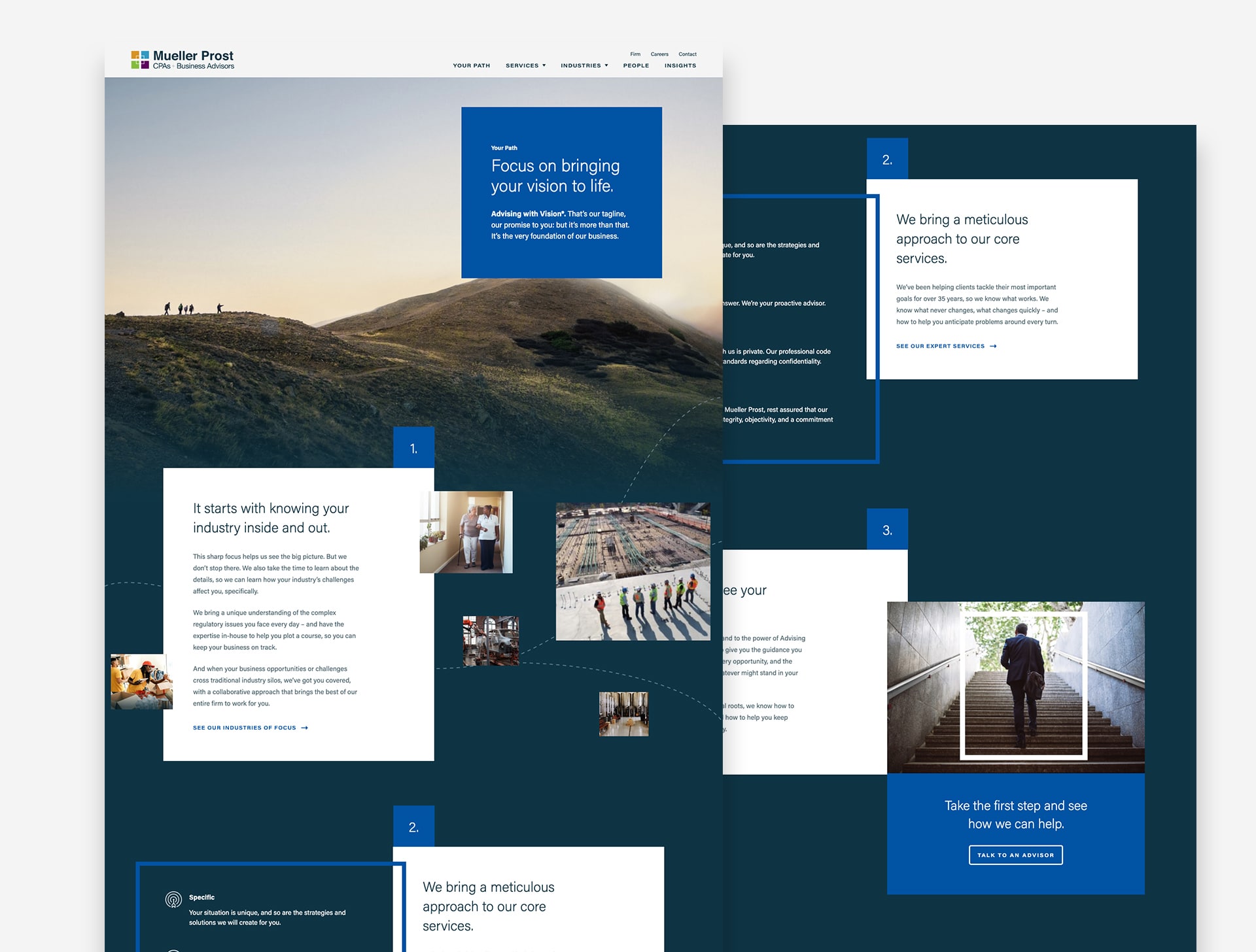 Mockups of Mueller Prost's website design pages