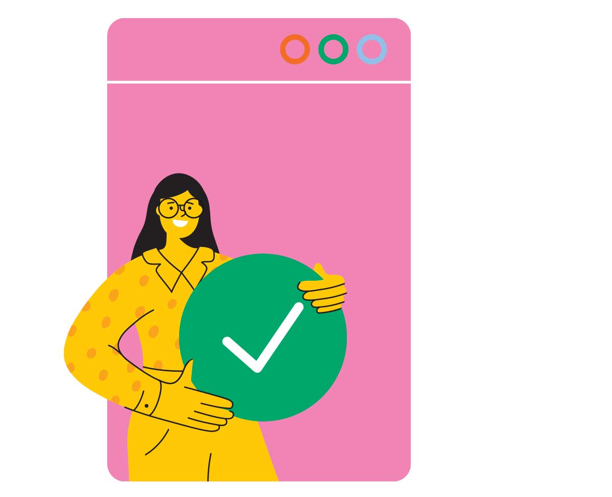 Illustration of a woman holding a large check mark after improving her Google Ads strategy