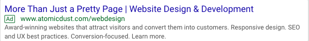 Screenshot of an Atomicdust Google Ad for web design