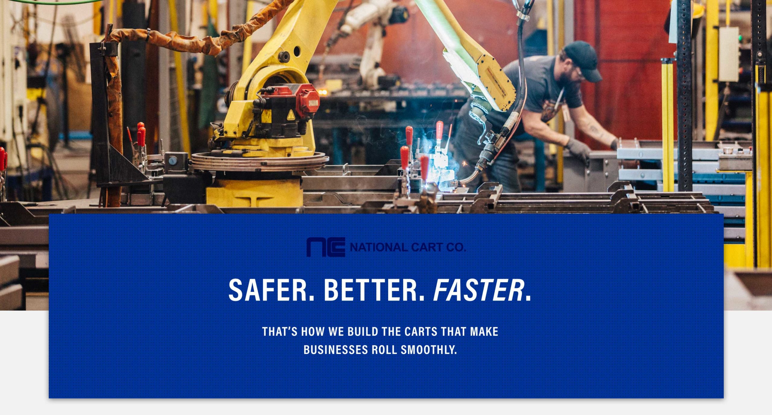 Image from National Cart Co.'s website design with a welder making a cart