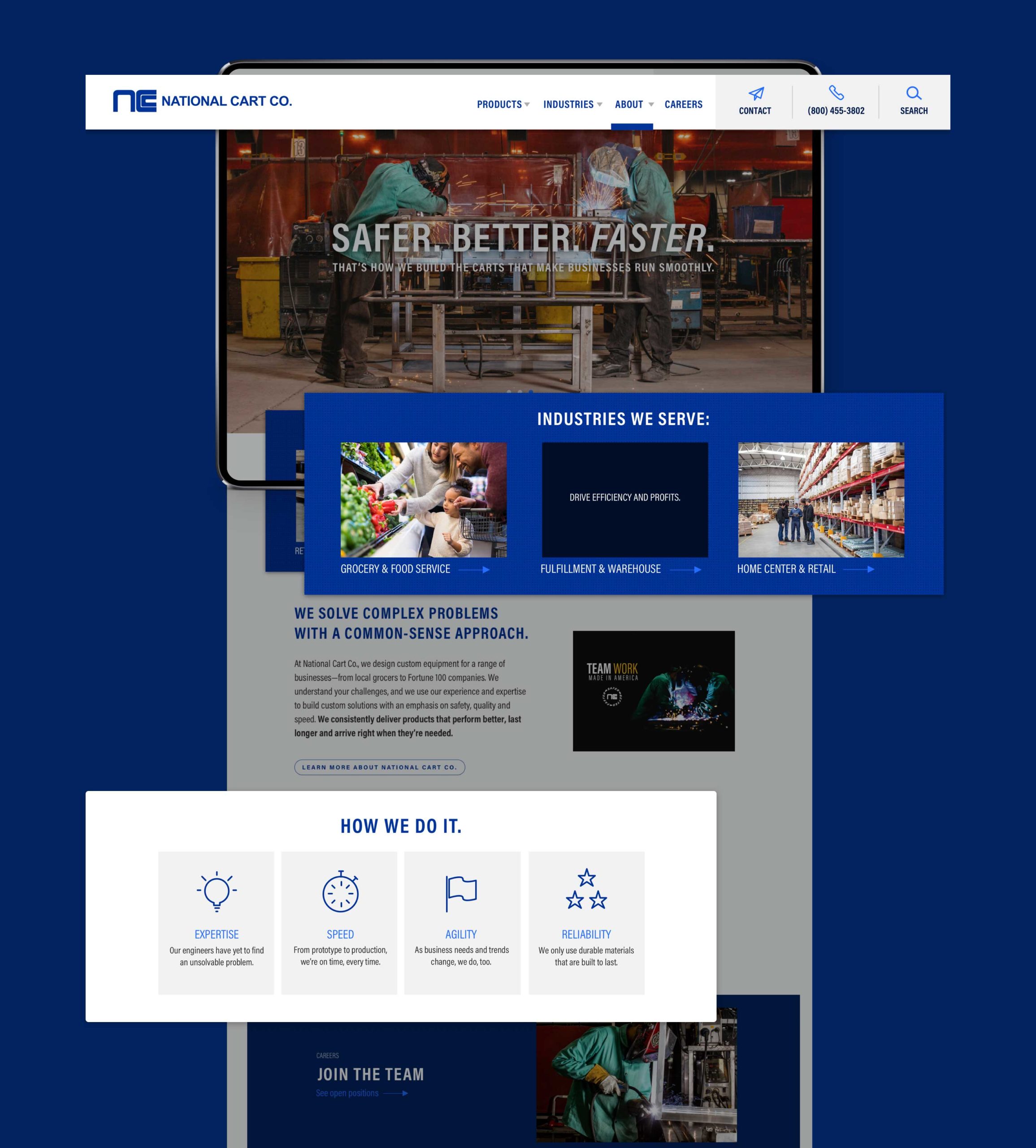 Elements of the National Cart Co. web design's homepage