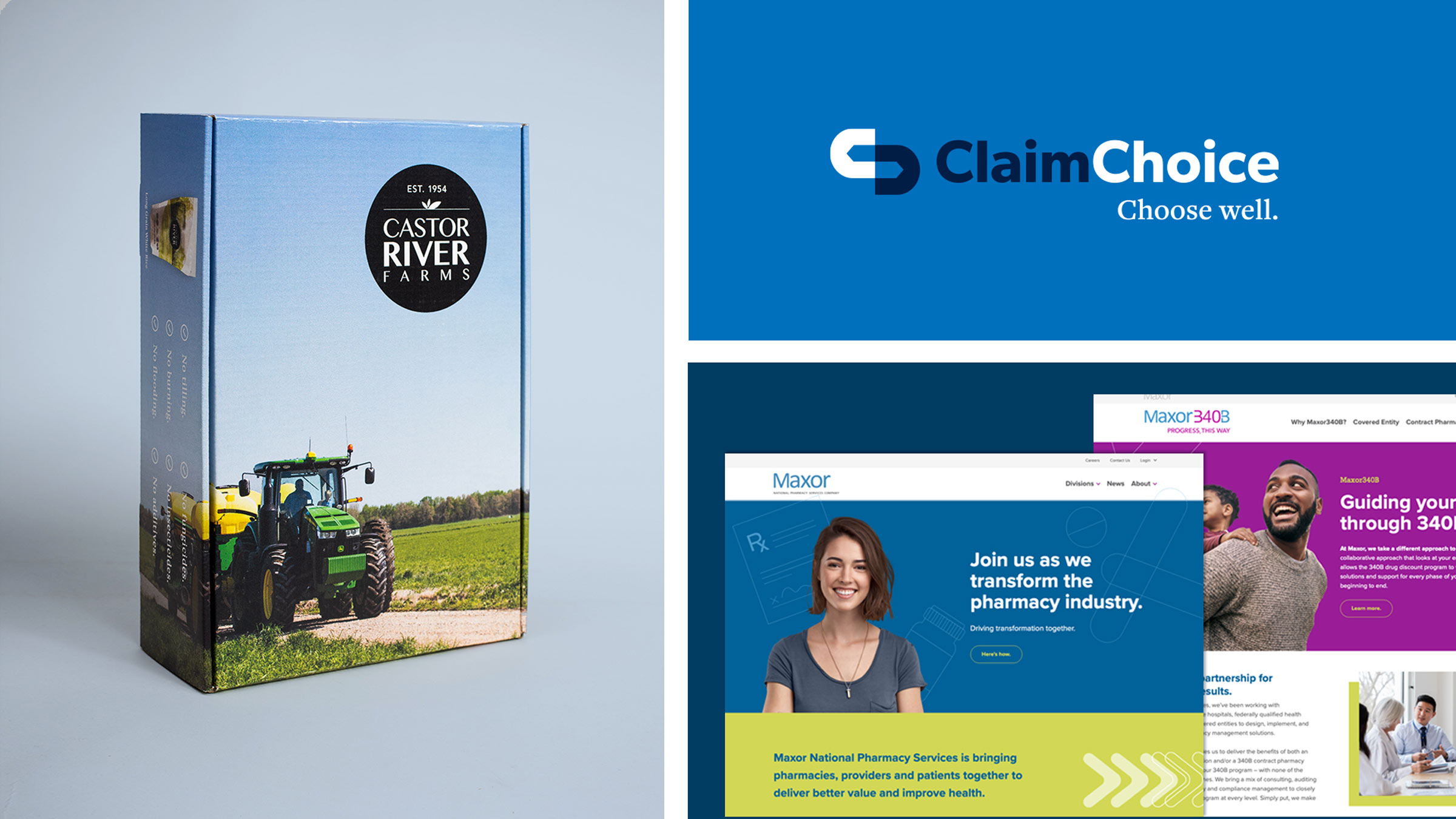 Atomicdust's branding and marketing work for Castor River Farms, ClaimChoice and Maxor earned 2020 GDUSA Health + Wellness Design Awards