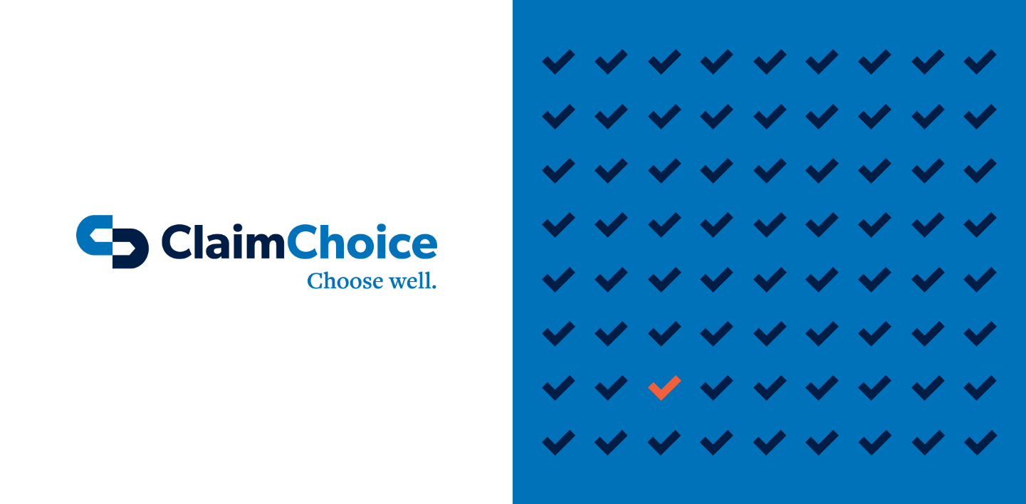 Details of ClaimChoice's new branding, including a logo and checkmark pattern