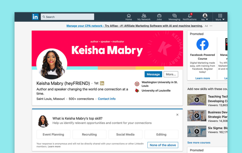 Keisha's new branding shown on a new cover image on her LinkedIn profile