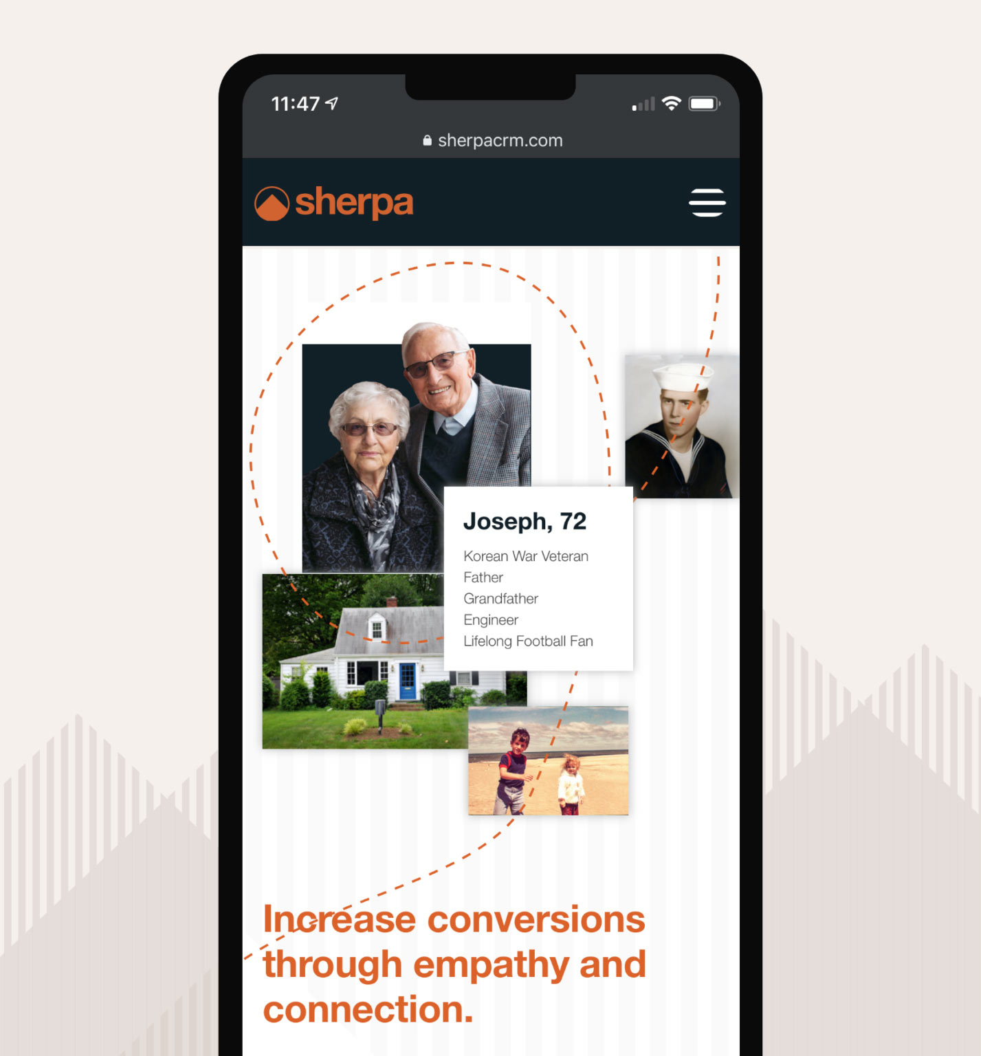 New and old photos illustrate a prospect's life story on Sherpa's new website