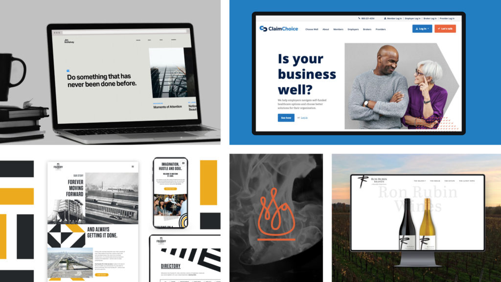 Collage of Atomicdust's winning 2020 MarCom Award projects