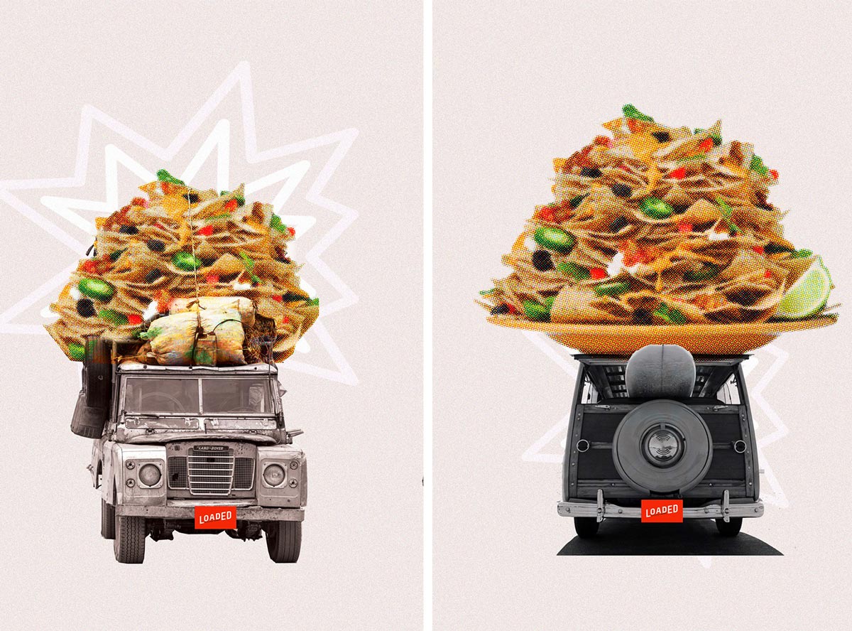 Early explorations of interior wall graphics for Loaded Nachos featured adventure vehicles
