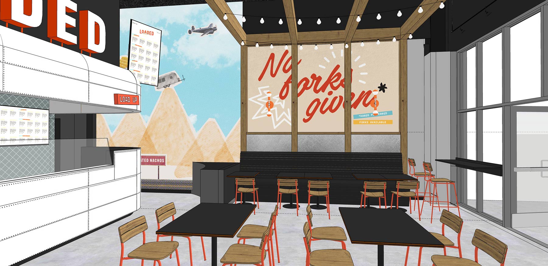 A rendering of the interiors of Loaded showing the brand identity as environmental elements including the "No forks given" and Chip Mountain wall graphic