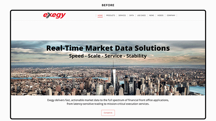 Animation showing Exegy's old and new fintech web designs