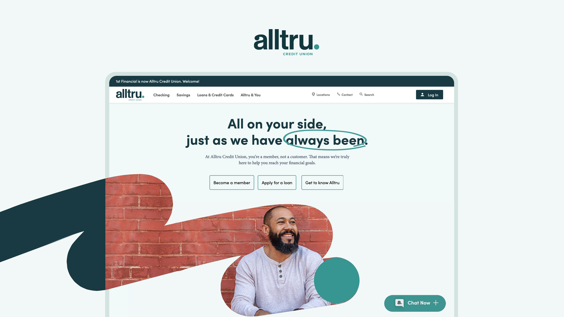 Illustration of the Alltru Credit Union web design homepage with a brand graphic going off the screen