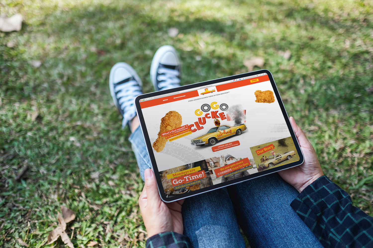 GoGo Cluckers Website design on a tablet
