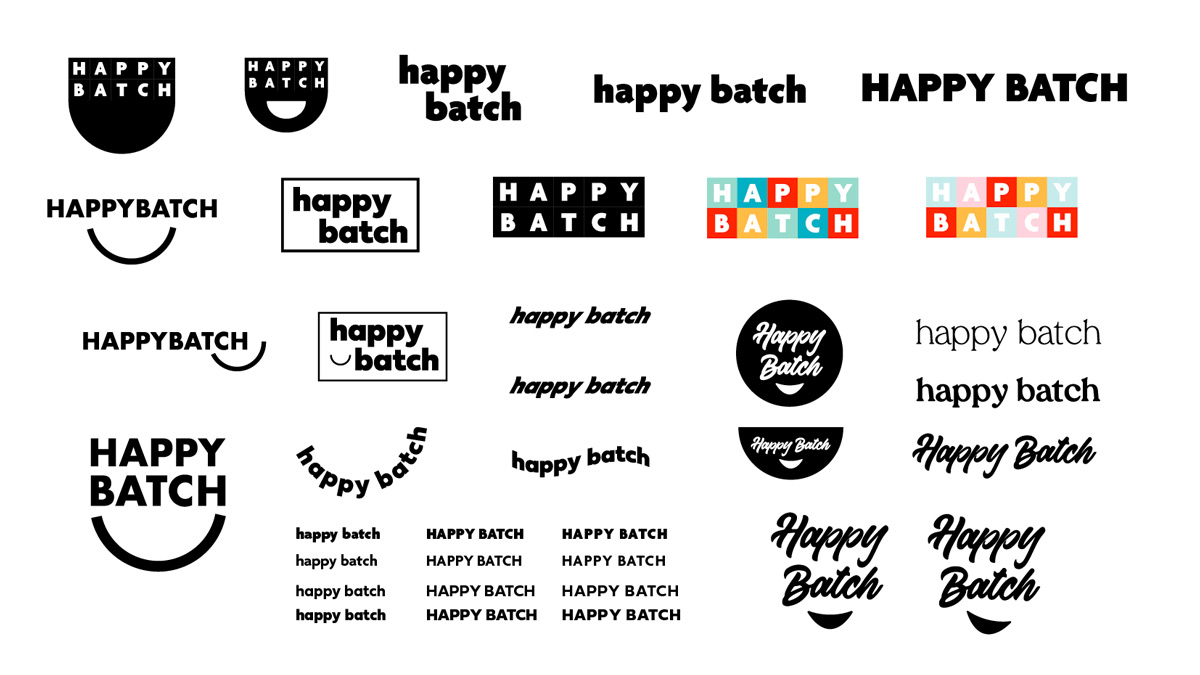 Early logo exploration for Happy Batch branding and cookie packaging design