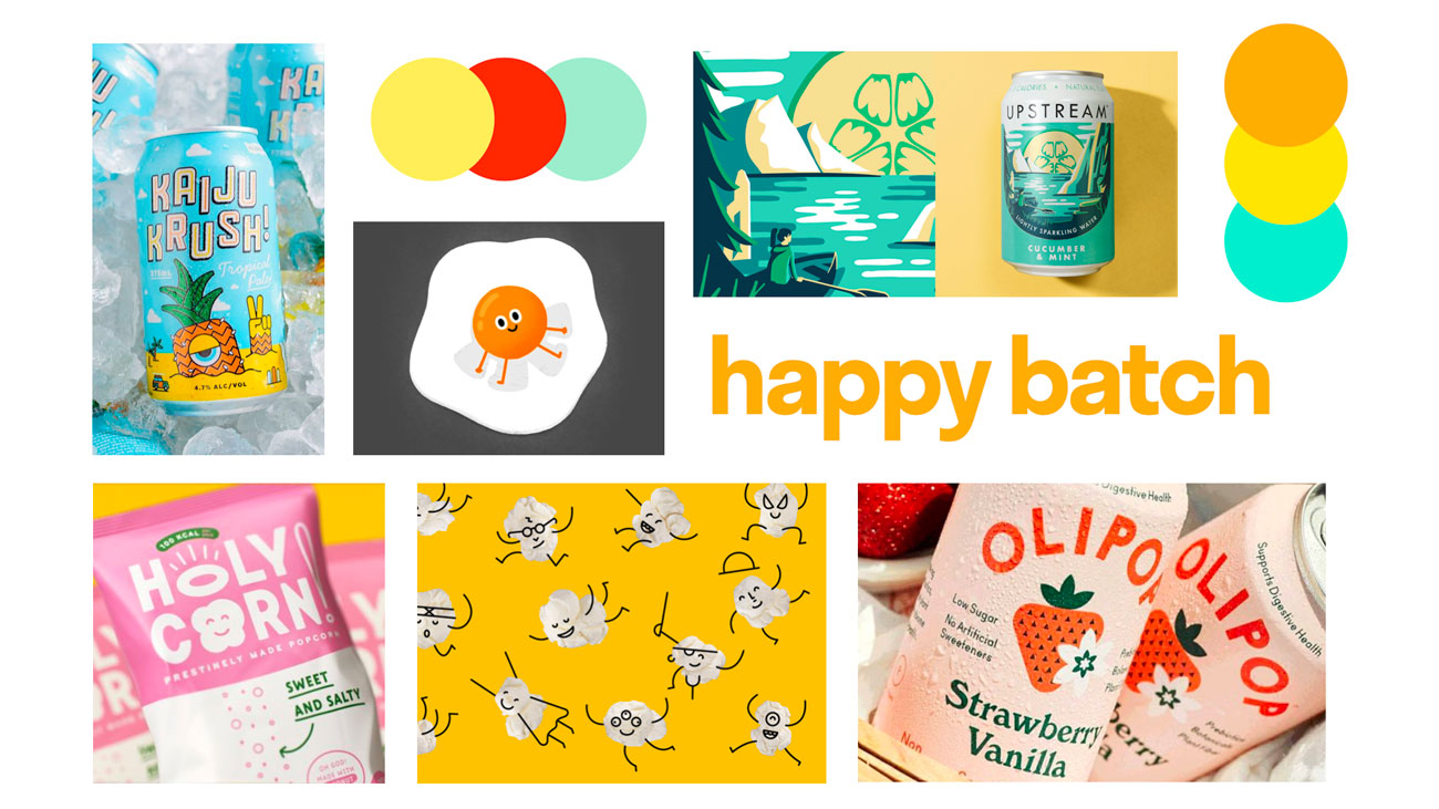 Early moodboard for Happy Batch cookie packaging design and branding