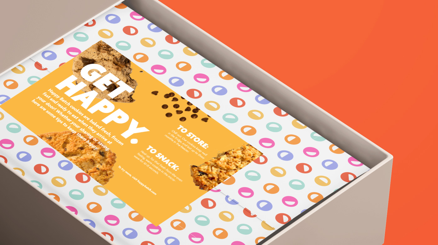 Mockup of the Happy Batch cookie packaging design packing paper and storage instructions