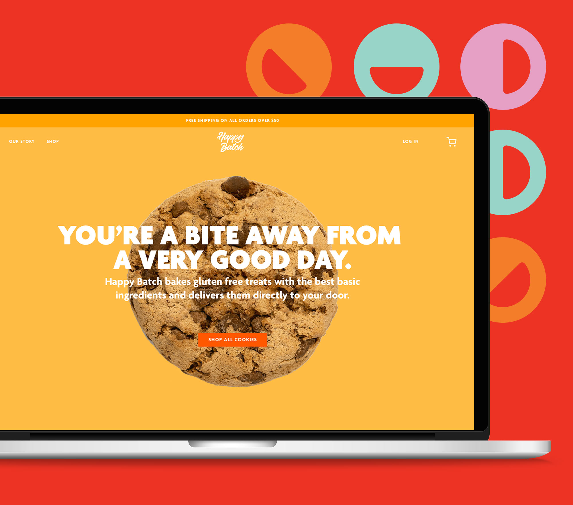 Happy Batch cookie website design mockup on a laptop