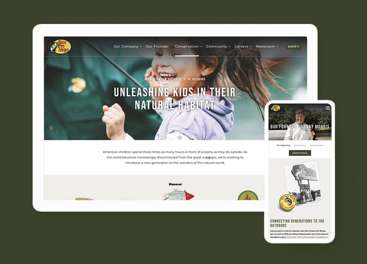 The Bass Pro Shops web design brand section on a tablet and phone. The website is mobile-responsive.