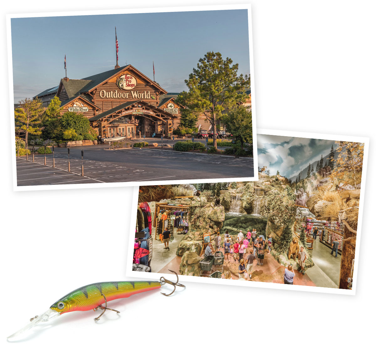 Photos showing the exterior and interior of a Bass Pro Shops location
