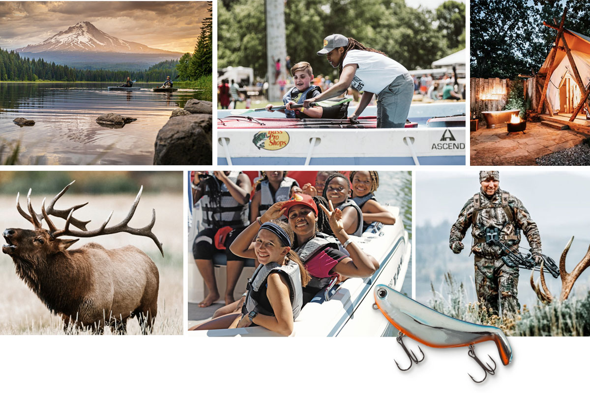 Collage of photos from Bass Pro Shops website design brand pages, showing outdoor adventure, nature and family time