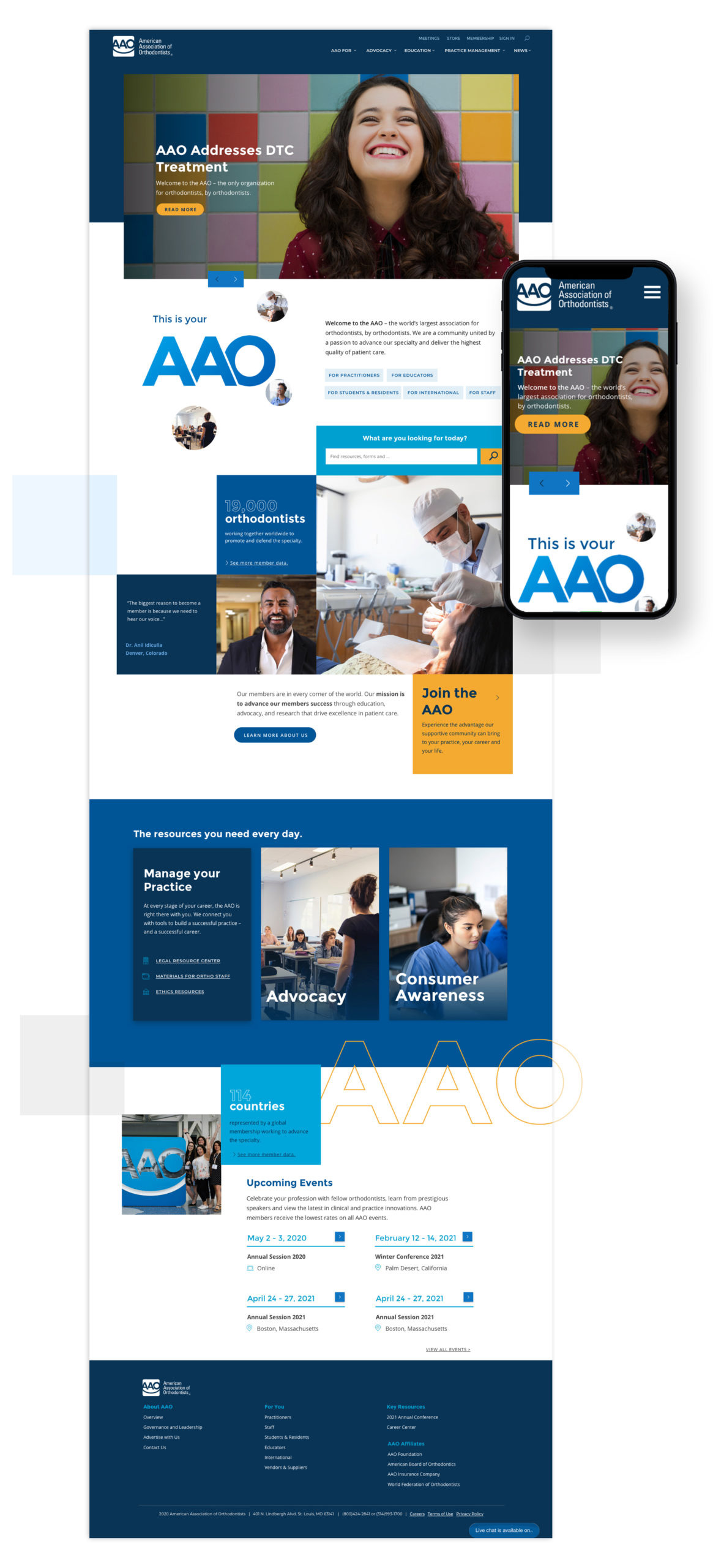 The AAO website redesign homepage and mobile homepage