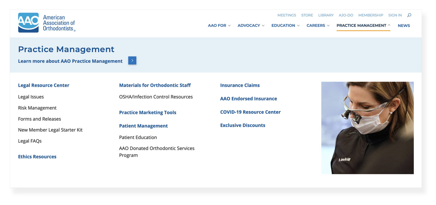 The practice management dropdown on the AAO website redesign main navigation