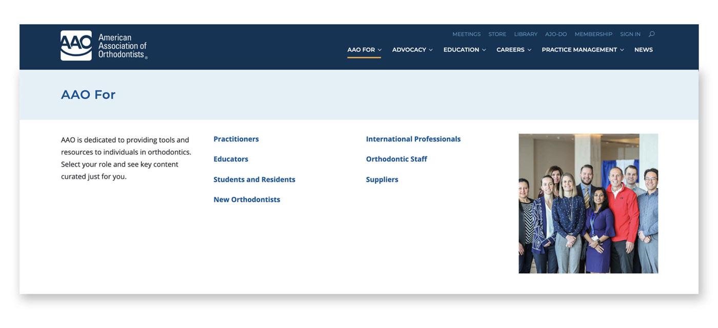 The main navigation of the AAO website includes an "AAO For" menu to help visitors find exactly what they need