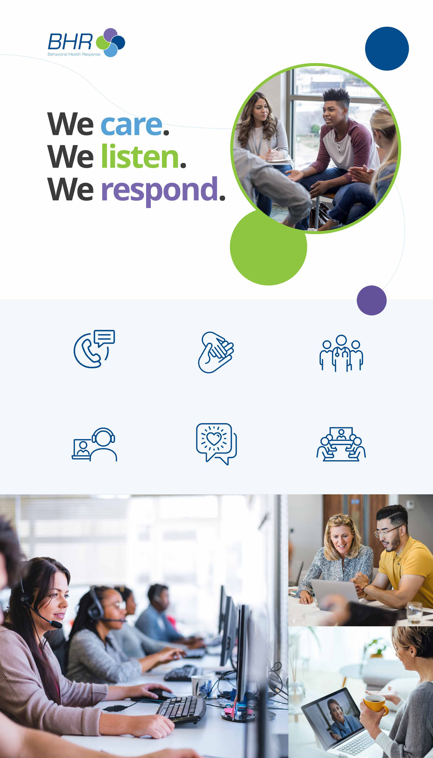 Elements of Behavioral Health Response's brand identity with icons and photography for the website design