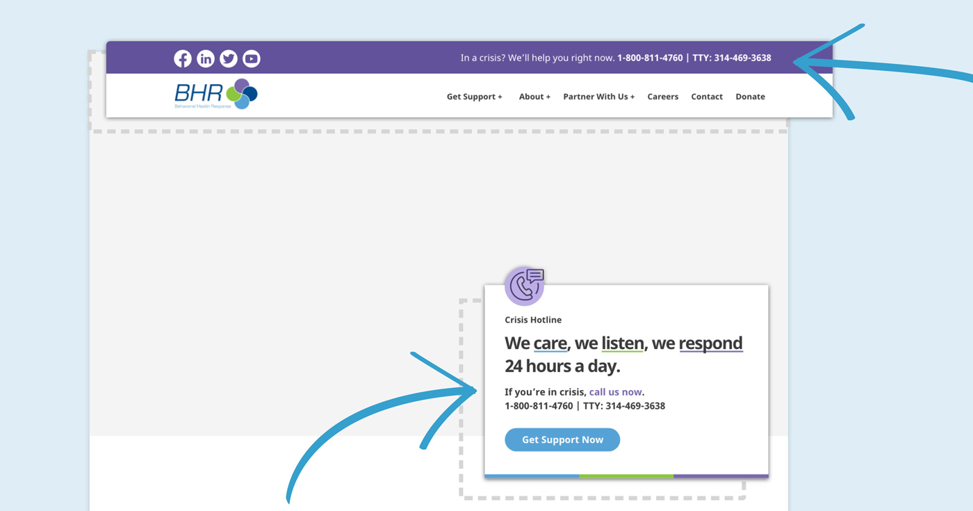 Calls to action and an intuitive navigation on Behavioral Health Response's website design
