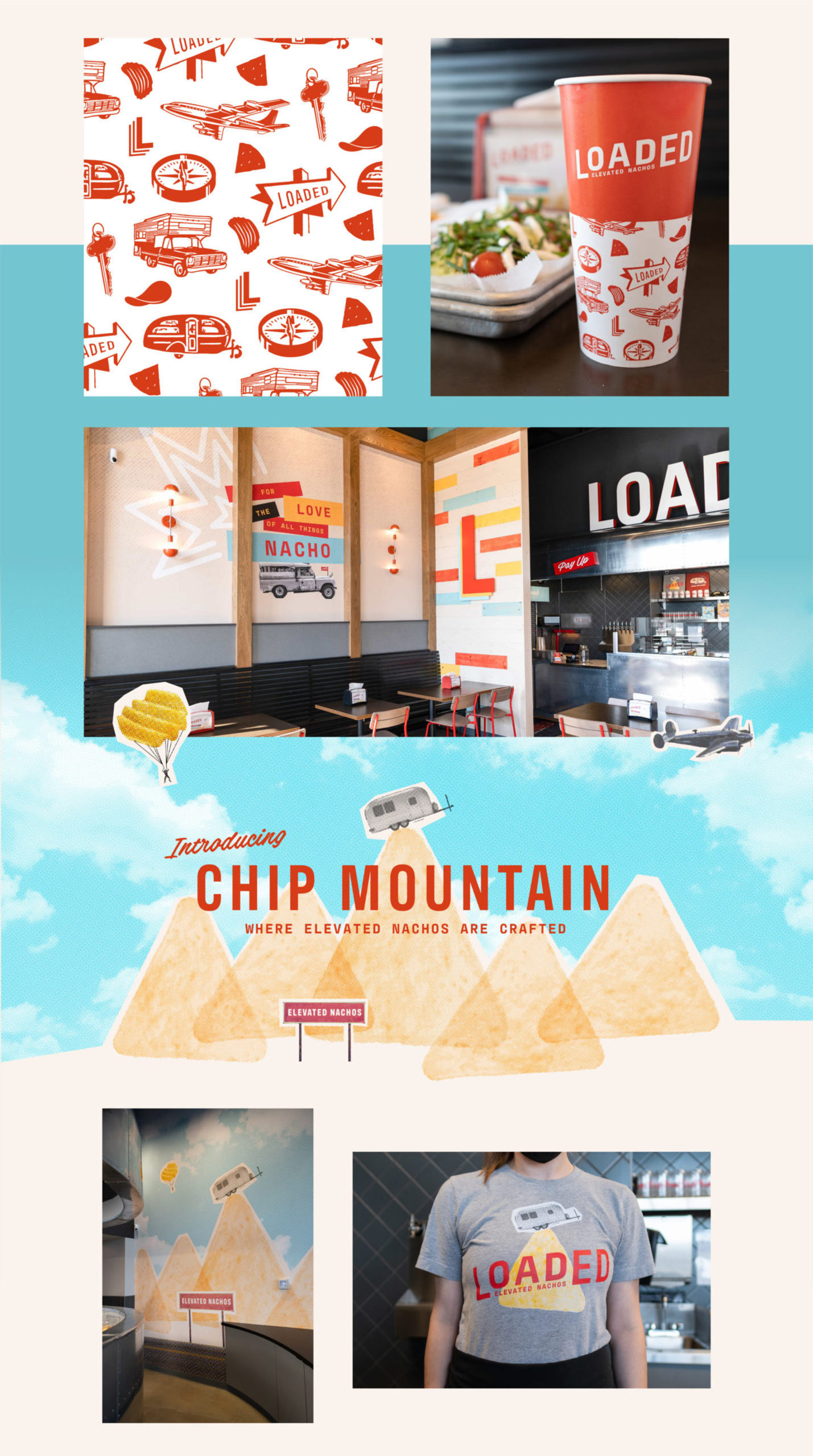 Expressions of Loaded's brand identity, including paper cups, a brand pattern, chip mountain illustration and staff t-shirts