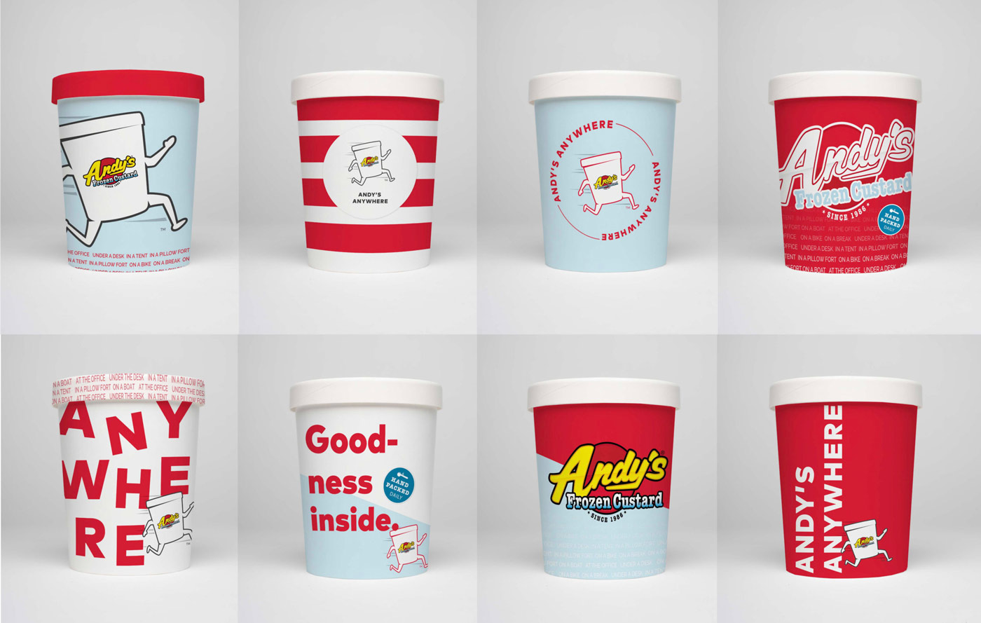 Collage of early packaging design concepts for Andy's Anywhere quarts