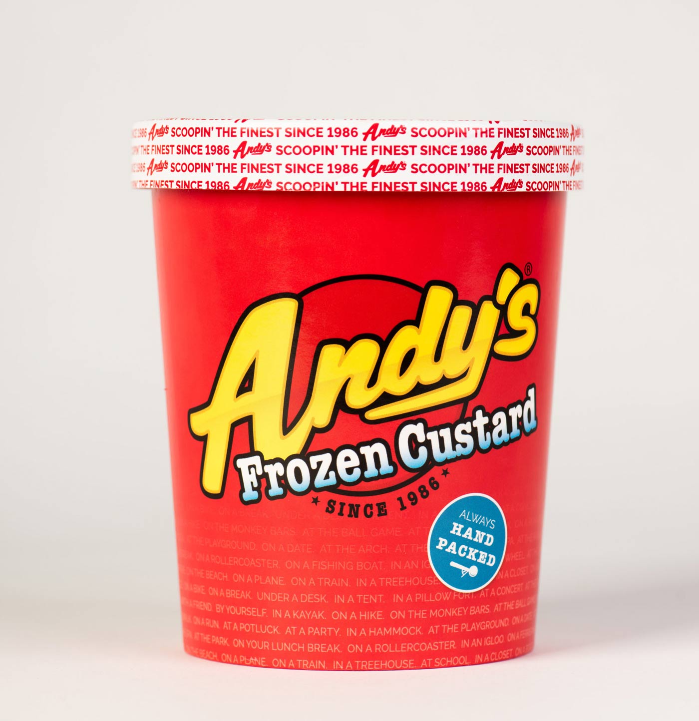 The Andy's Anywhere quart packaging design shows the locations where it can be enjoyed