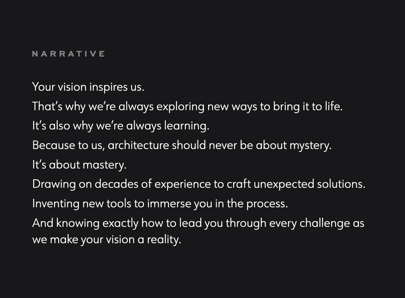 M+H Architects brand narrative, which begins "Your vision inspires us. It's why we're always exploring new ways to bring it to life. It's also why we're always learning..."