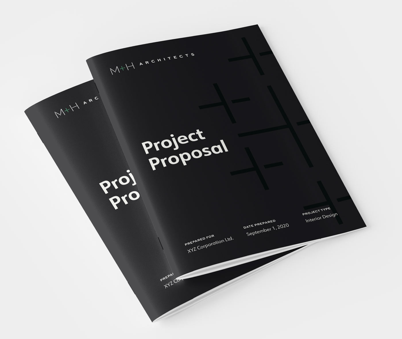 Project proposal mockups showing the new M+H Architects brand identity