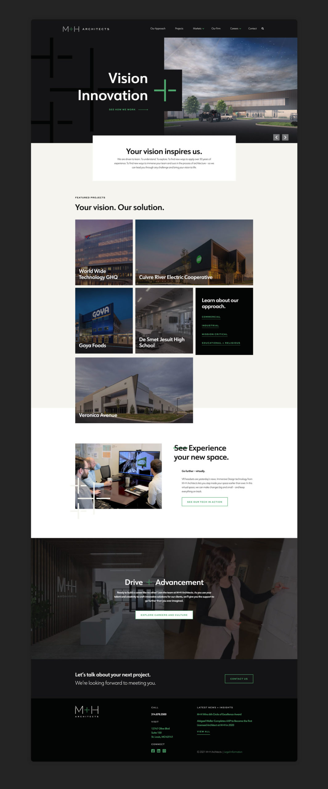 The homepage of the new M+H Architects website design