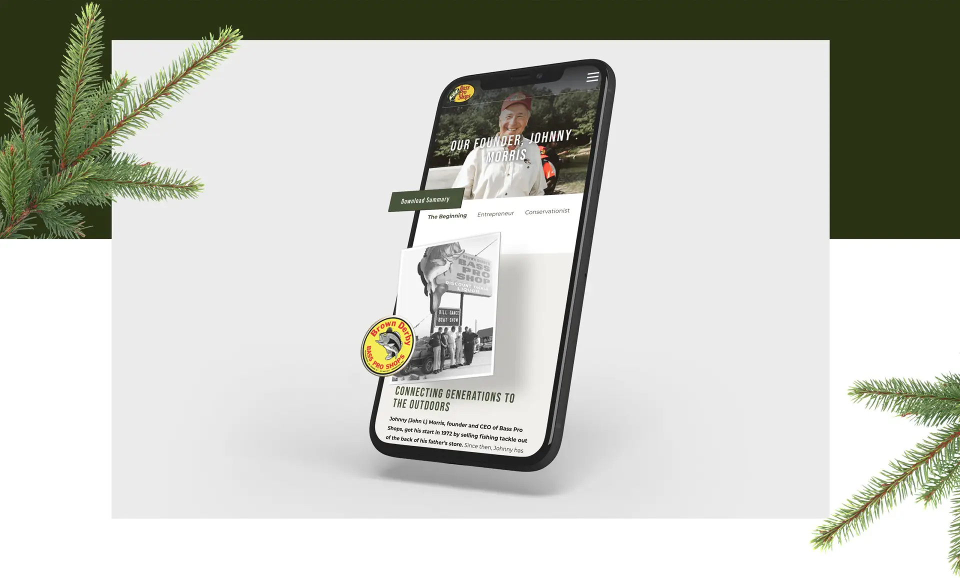 Website design for Bass Pro Shops on a mobile device.
