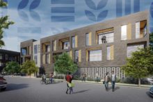 A rendering of the Terra building with the brand pattern