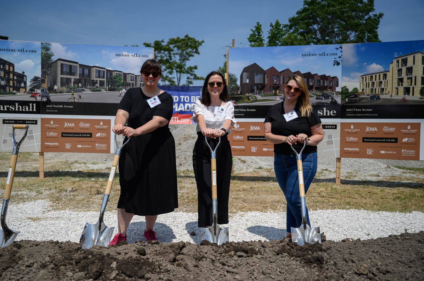 Atomicdust branding team members pretend like we know how to hold shovels at the Union groundbreaking