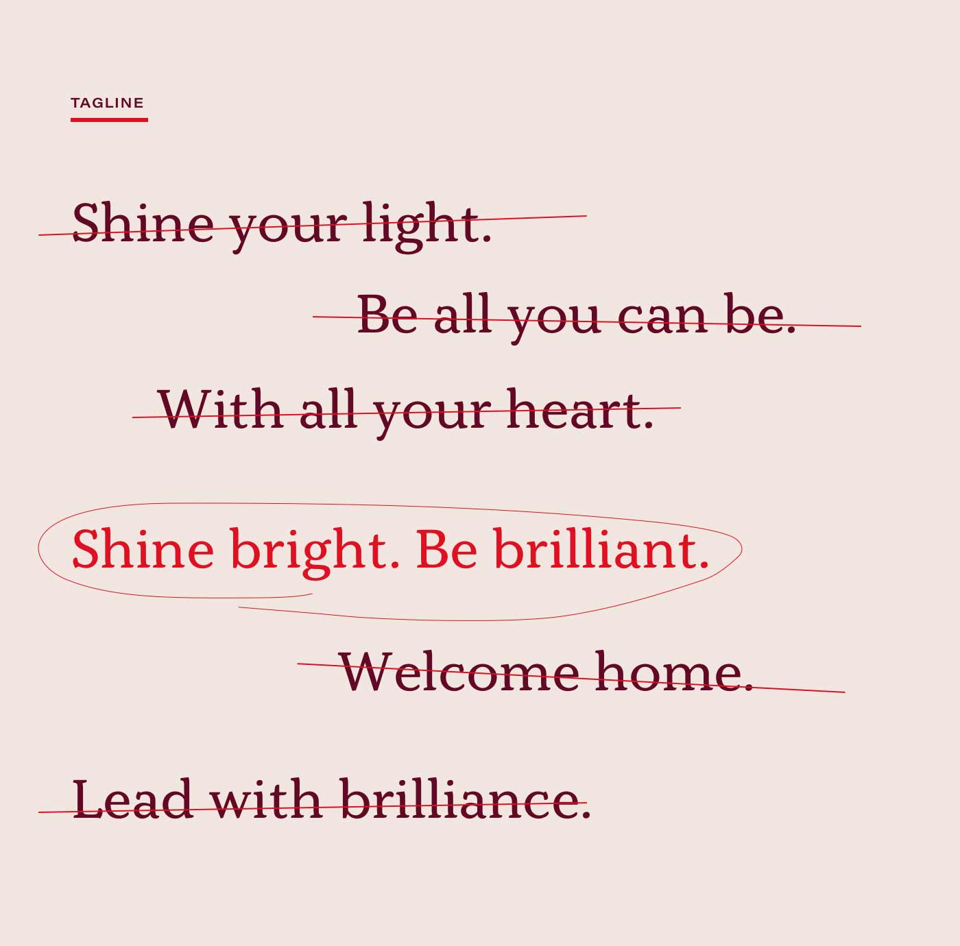 Examples of some of the 50+ tagline options we came up with as part of the updated brand identity, including "With all your heart." and "Lead with brilliance."