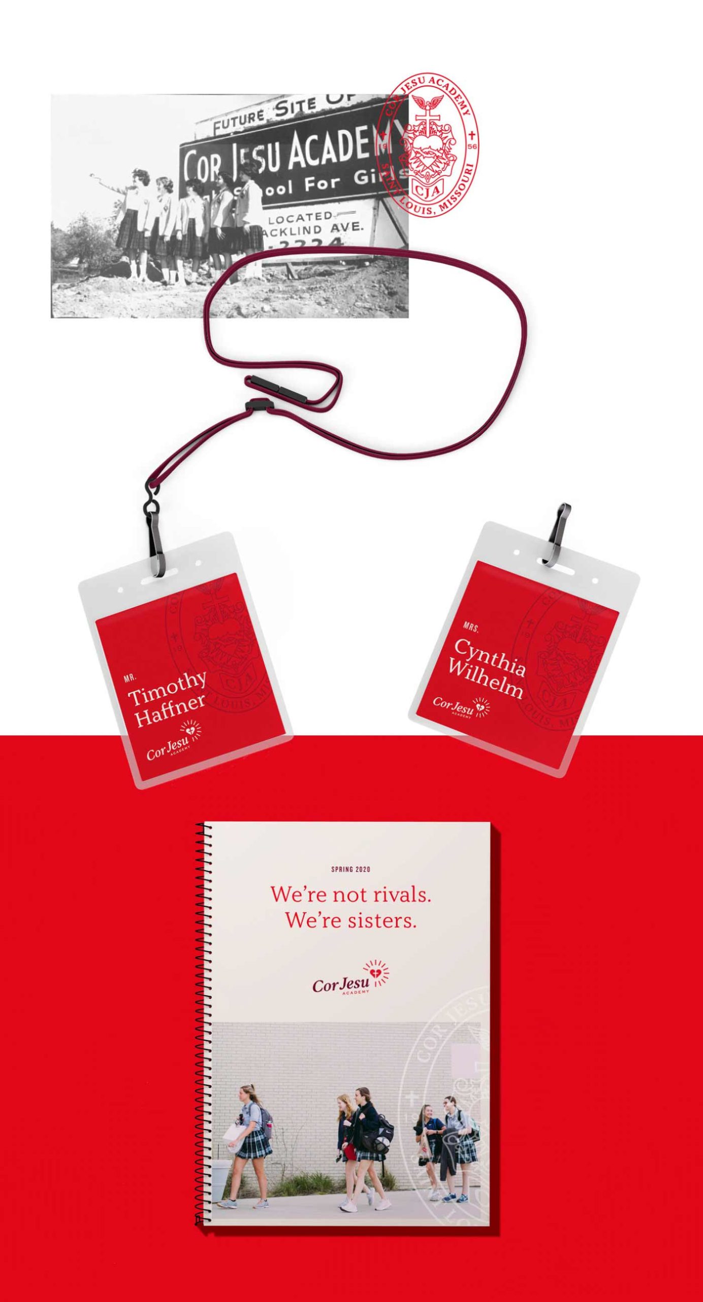 Updated Cor Jesu notebooks and lanyards with the refreshed brand identity