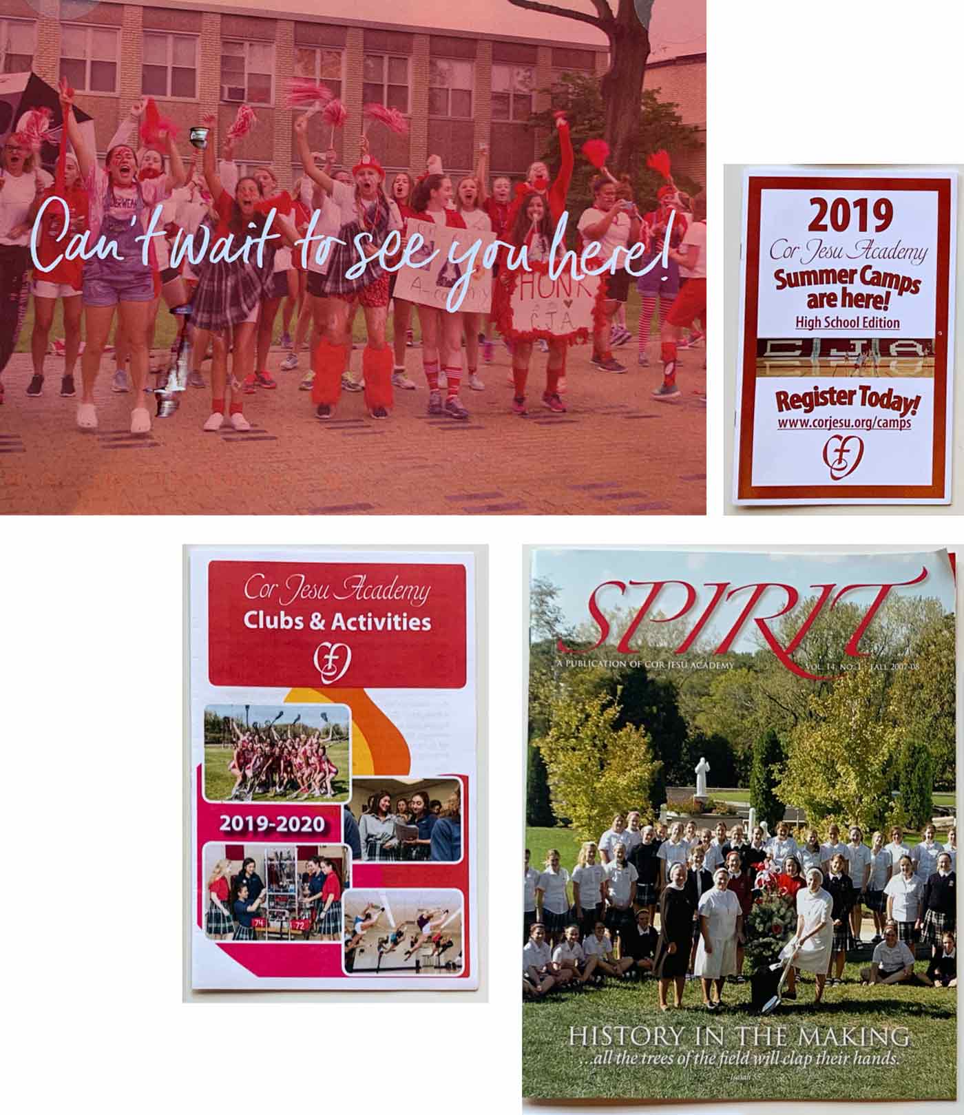 Snapshots of recent Cor Jesu marketing materials with the old branding