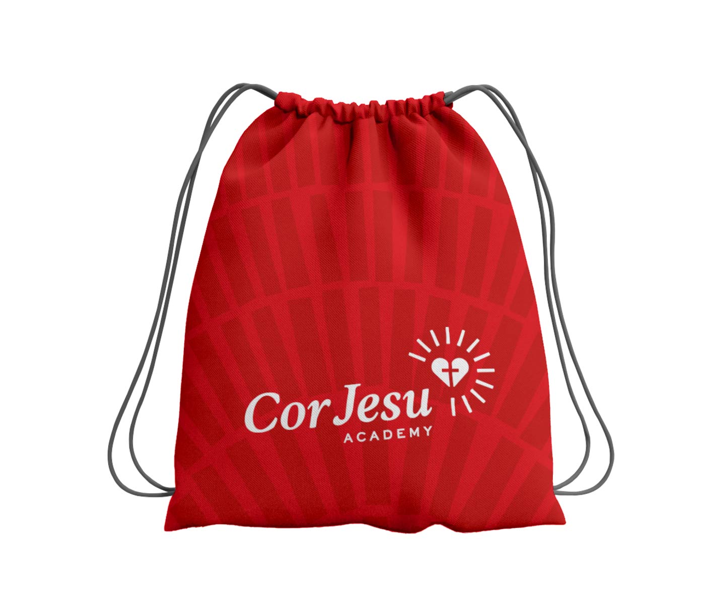 Cor Jesu drawstring bag with the school's new branding