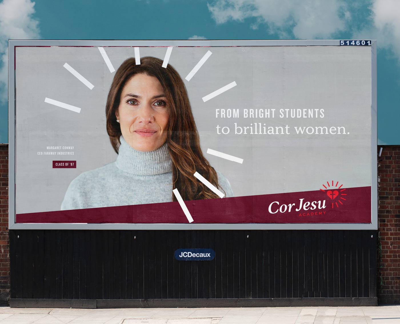 A billboard showing Cor Jesu's new branding with a photo of an alumna and the words "From bright students to brilliant women."