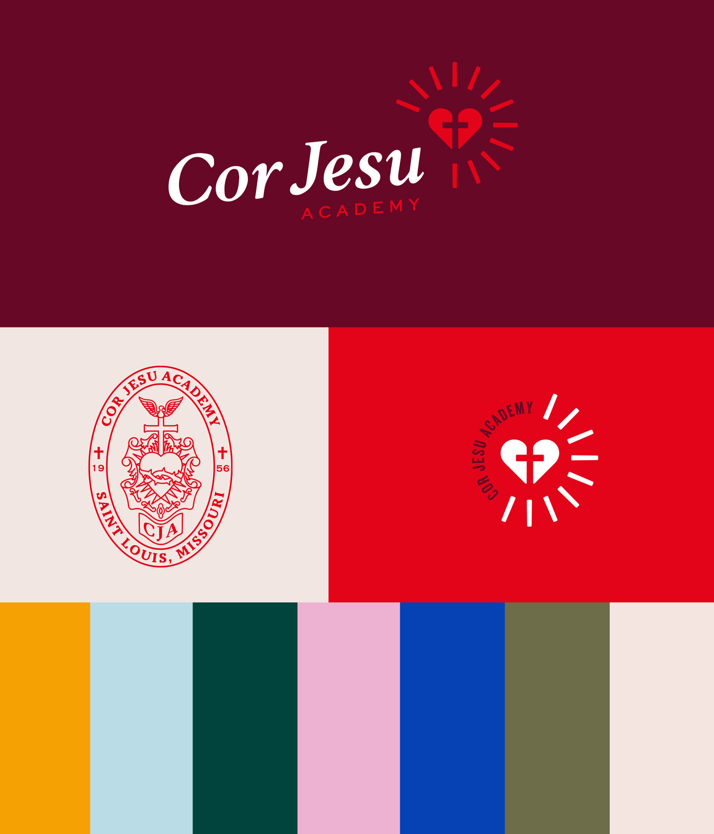 The new brand identity for Cor Jesu Academy, including a refreshed logo, logo mark and color palette