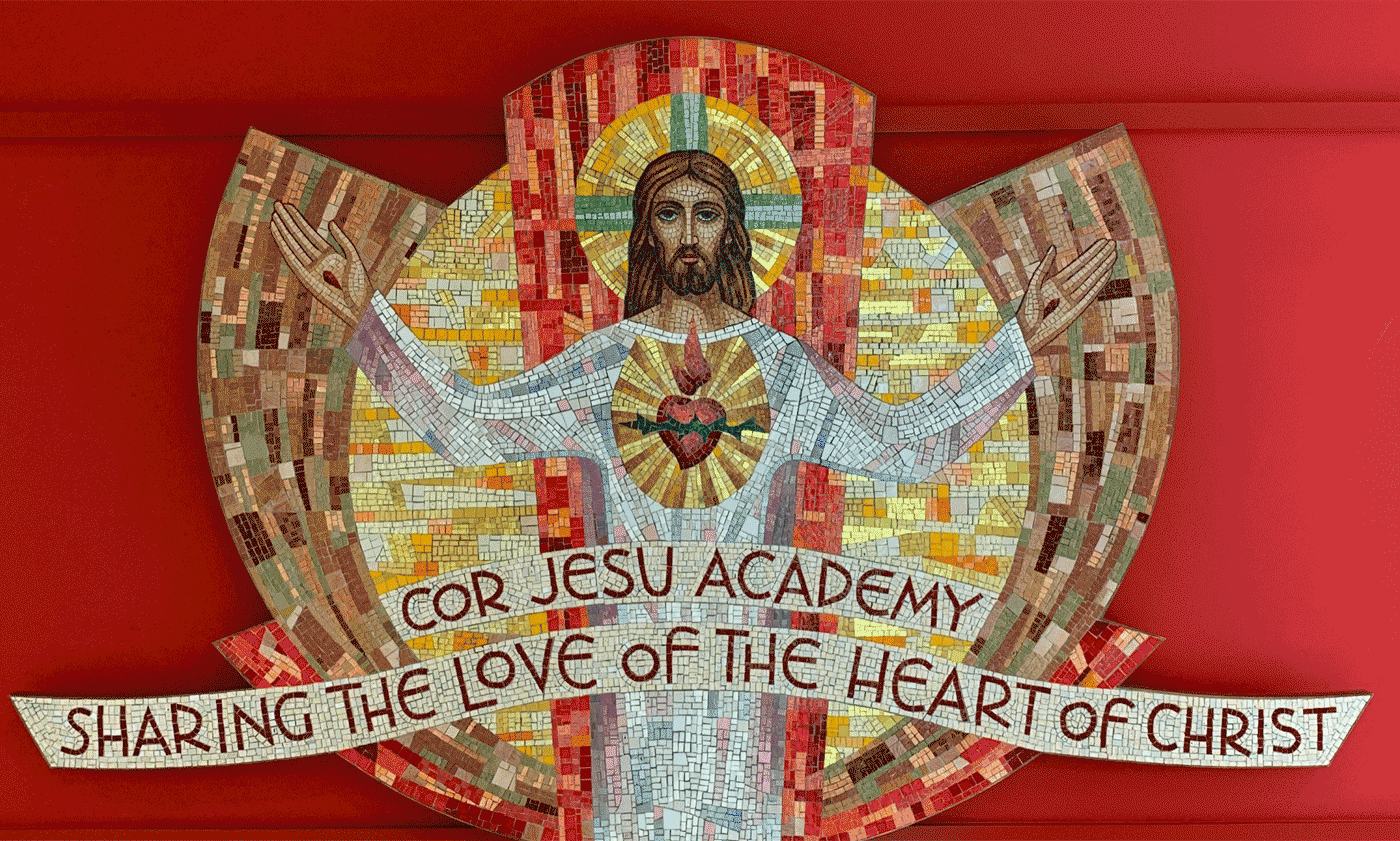 A gif showing the brand identity colors pulled from a religious mosaic on Cor Jesu's campus