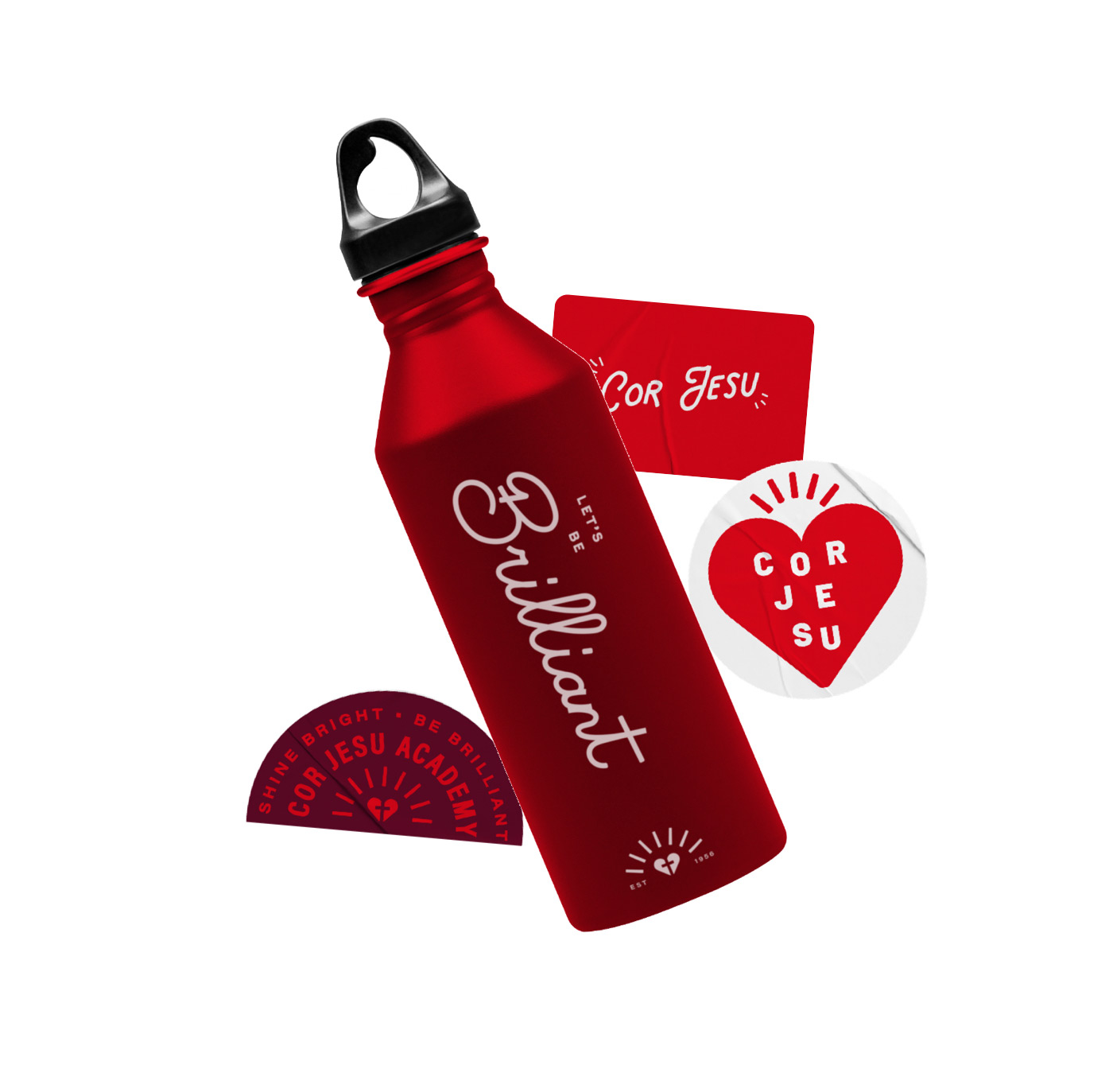 Cor Jesu swag with the new branding, including stickers and a water bottle