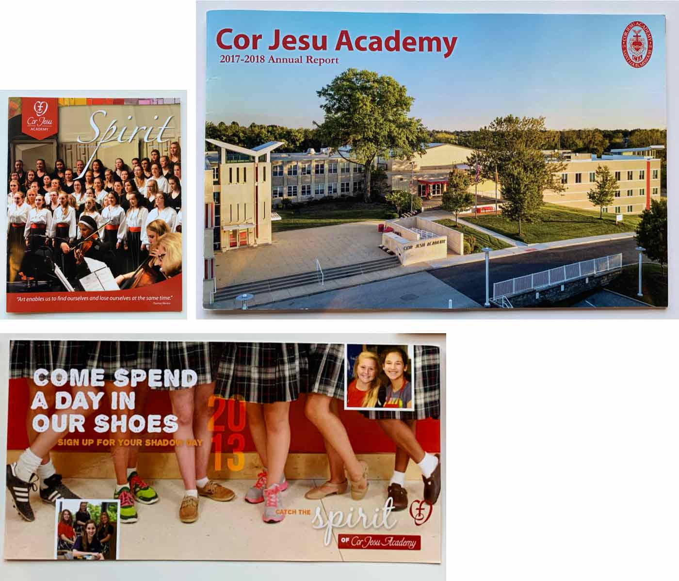 Old Cor Jesu print marketing materials with the previous brand identity