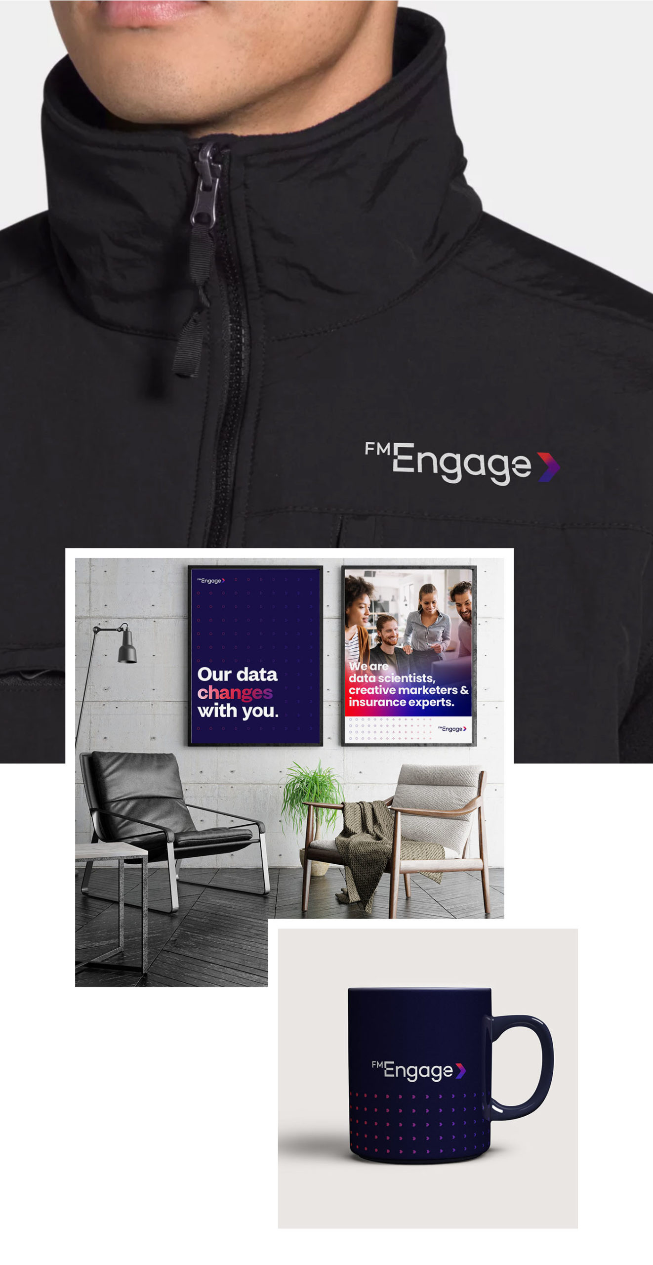 Creative expressions of the new FM Engage branding, including office signage and team swag