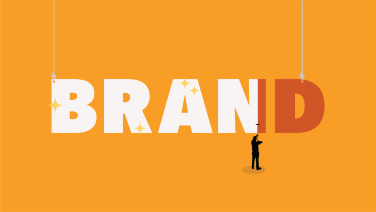 Illustration of a person repainting the word "brand" with a new color to represent a rebranding announcement