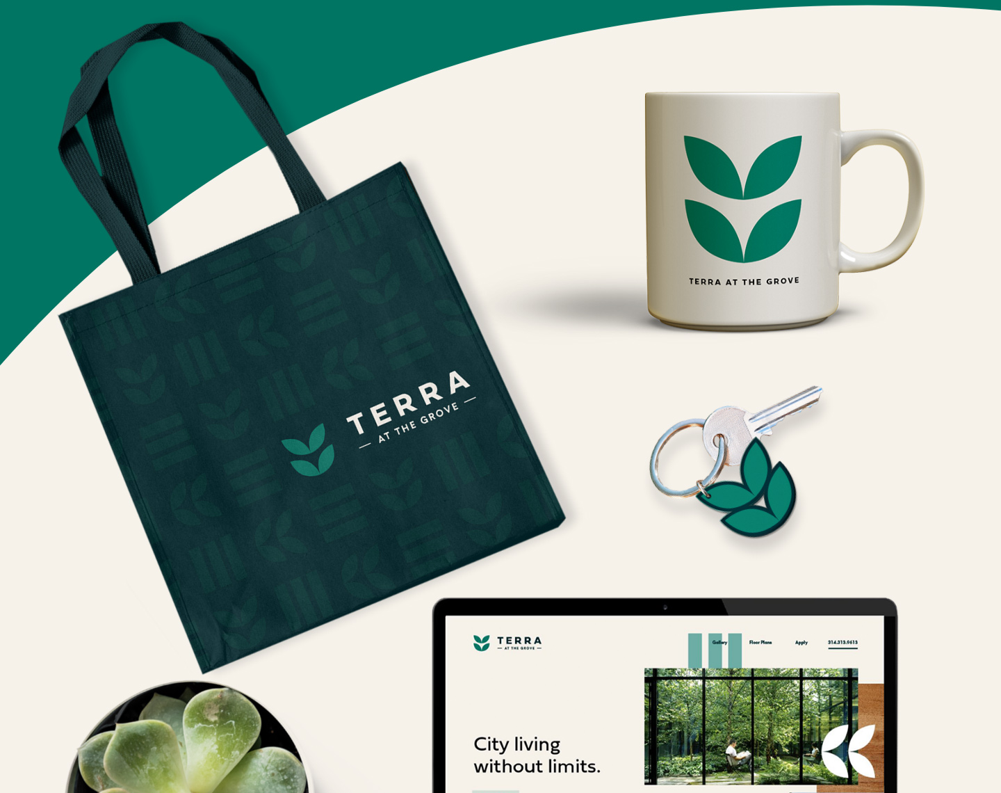 A tote bag, coffee mug and keychain with the Terra branding show how the brand can live in various creative expressions