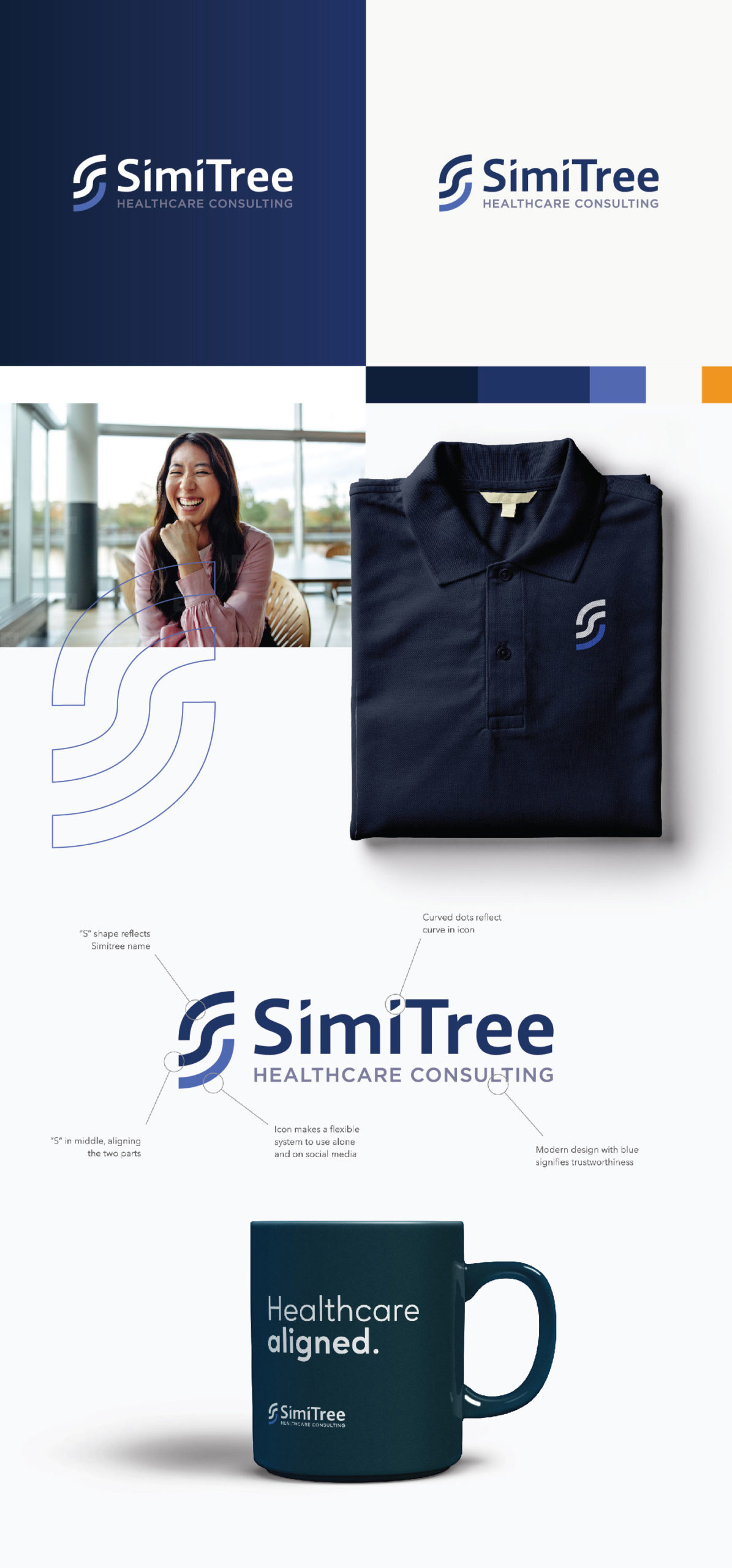 Creative expressions of the Simitree brand, including polos, coffee mugs and logo variations