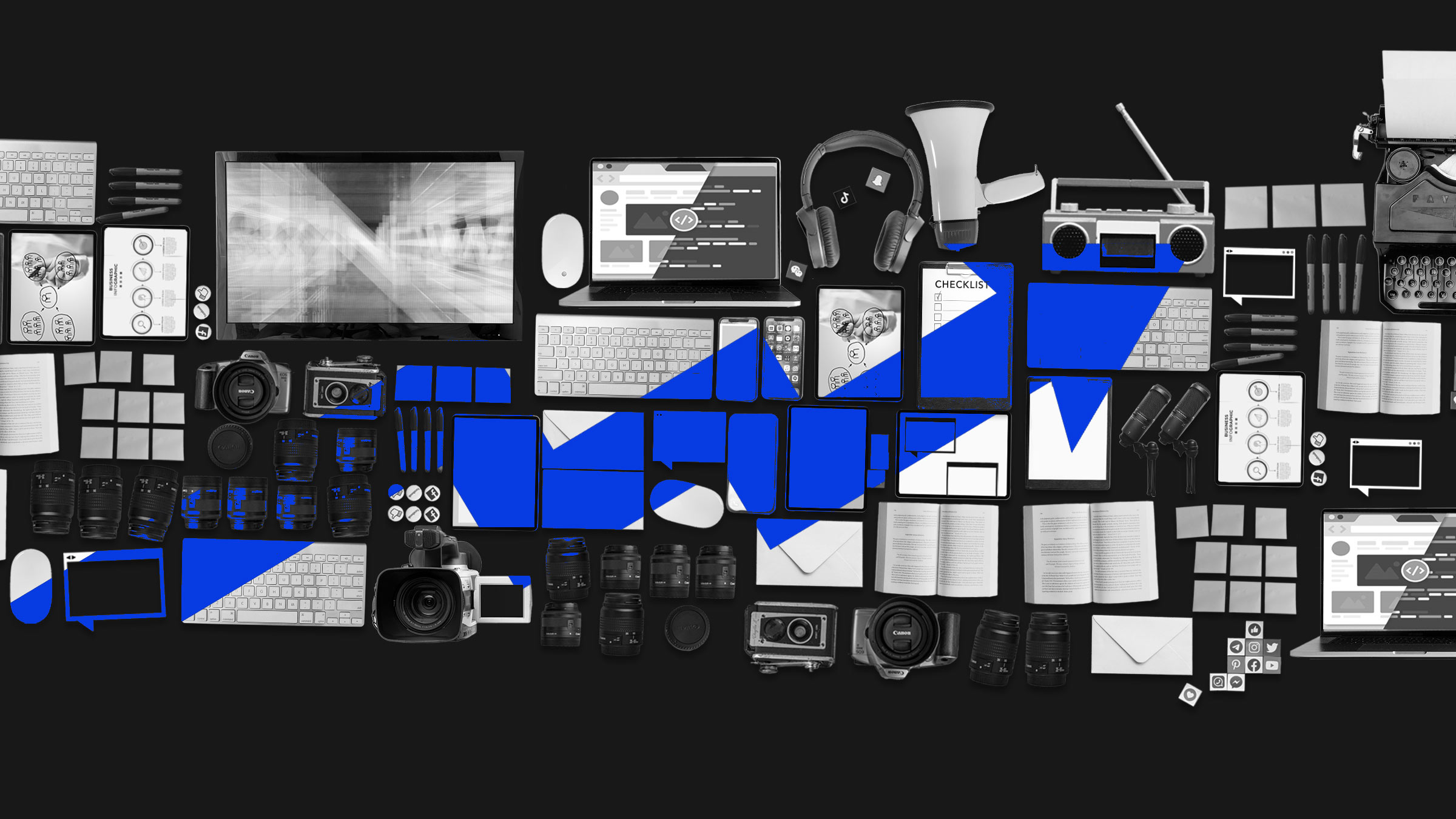 Illustration of B2B content marketing tools (including microphones, tablets, laptops, cameras and more) with an upward graph arrow